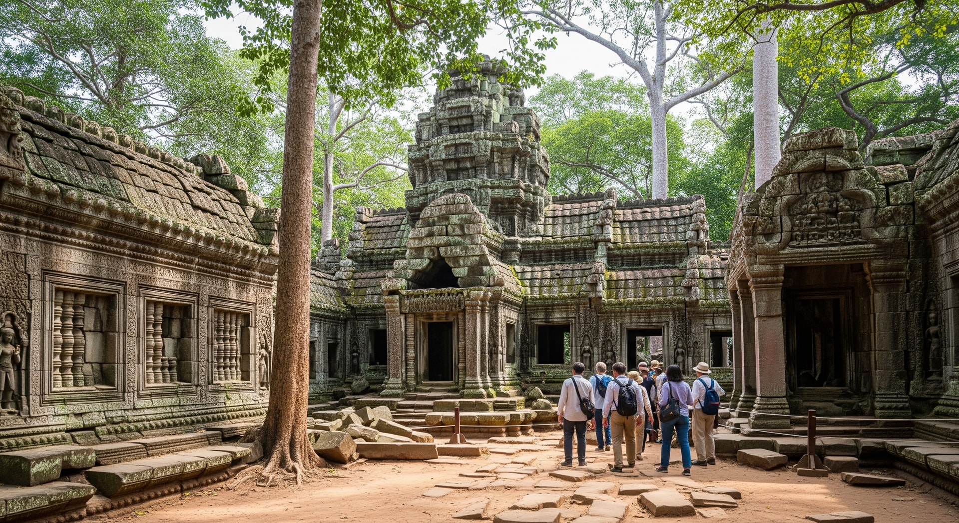 Tourists walking near ancient temple ruins in Cambodia