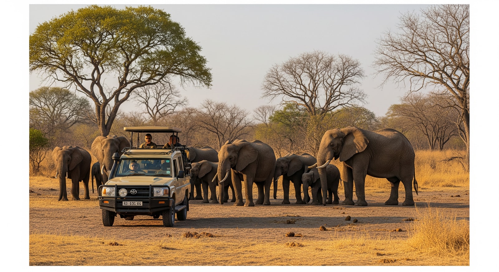 A safari vehicle near a herd of elephants in Chobe National Park, Botswana