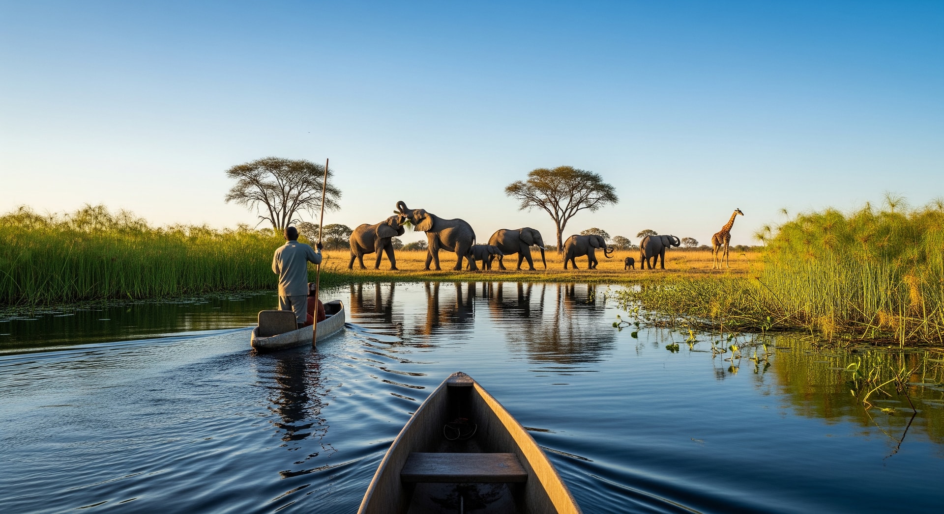 A mokoro canoe glides through the waterways of the Okavango Delta with wildlife in the background