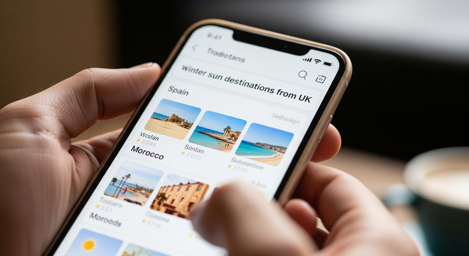 Travel search on mobile showing winter sun destinations from the UK including Spain and Morocco