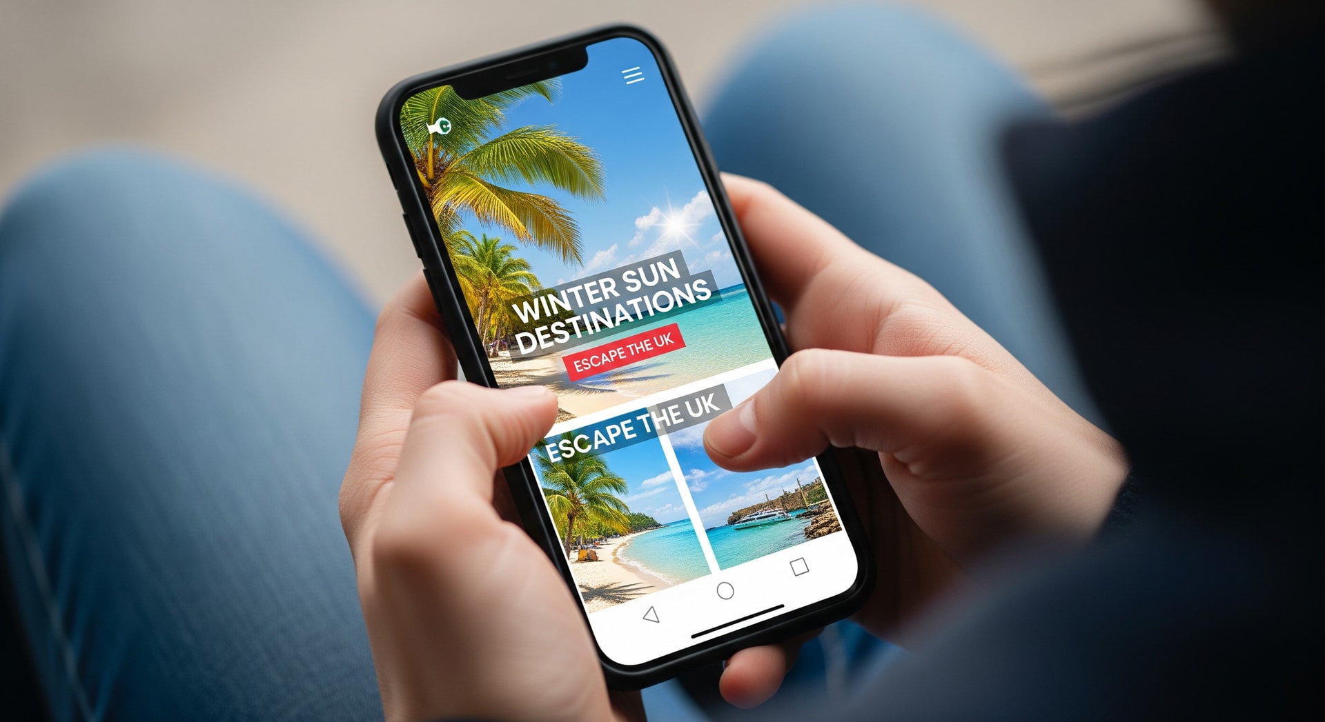 People searching travel options on a mobile phone to find winter sun destinations from the UK