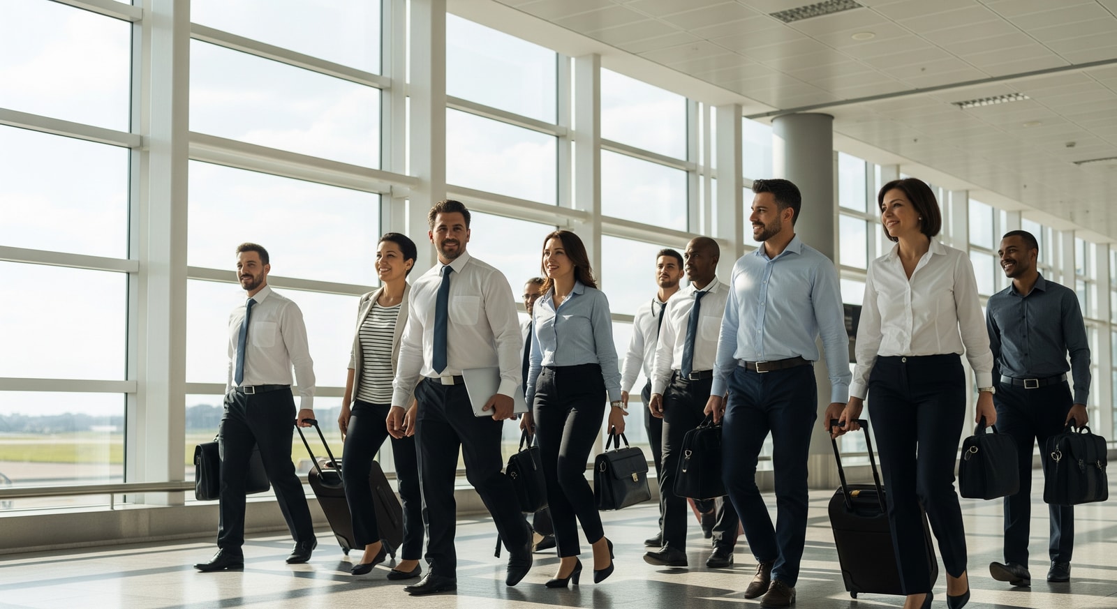 Business travelers walking through an airport terminal, illustrating visa-free travel and cross-border mobility between Brazil and China