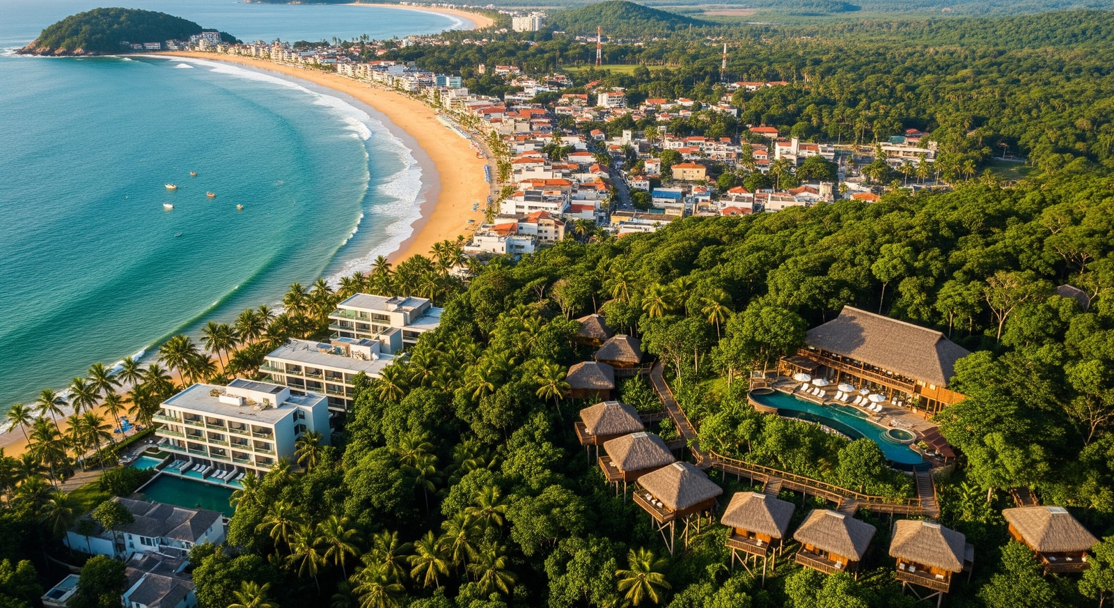 Aerial view of Brazilian beaches, a jungle lodge and a boutique hotel representing Brazil travel destinations and top hotels