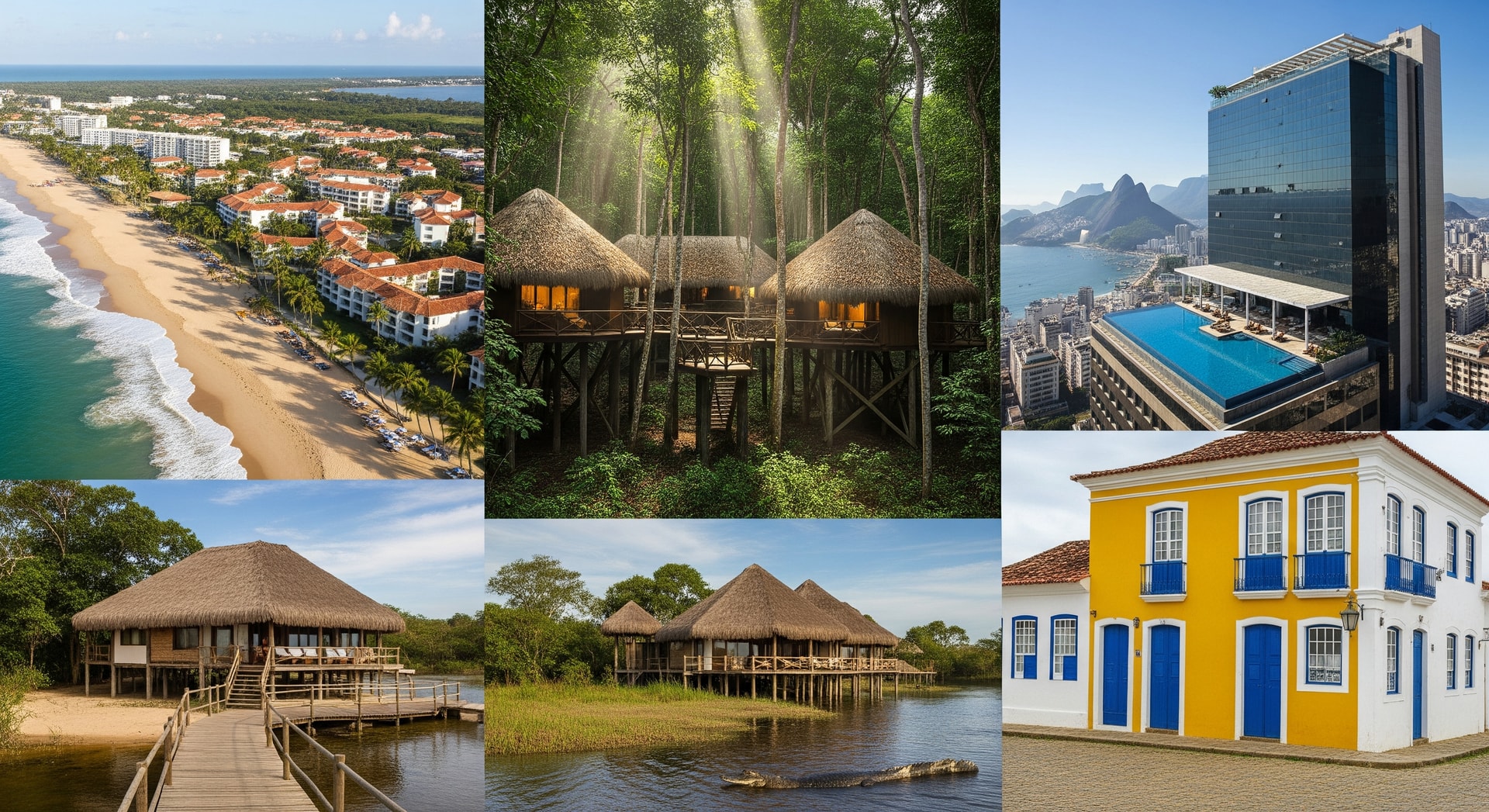 Collage of Brazil hotels and resort exteriors including beachfront and jungle lodges