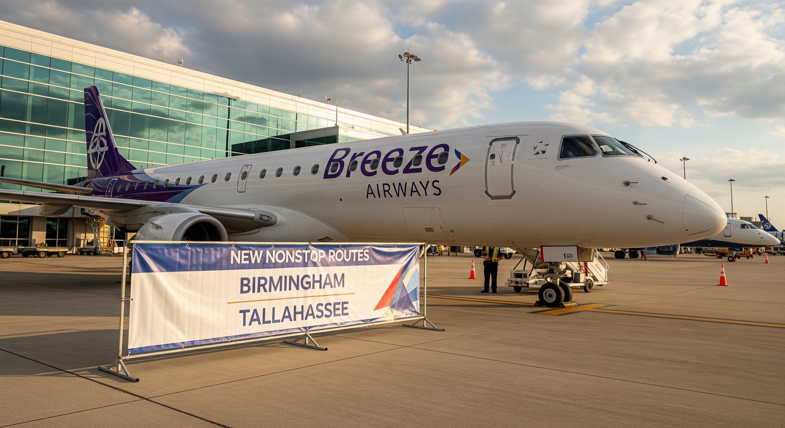Breeze Airways aircraft at a regional airport illustrating new nonstop routes to Birmingham and Tallahassee