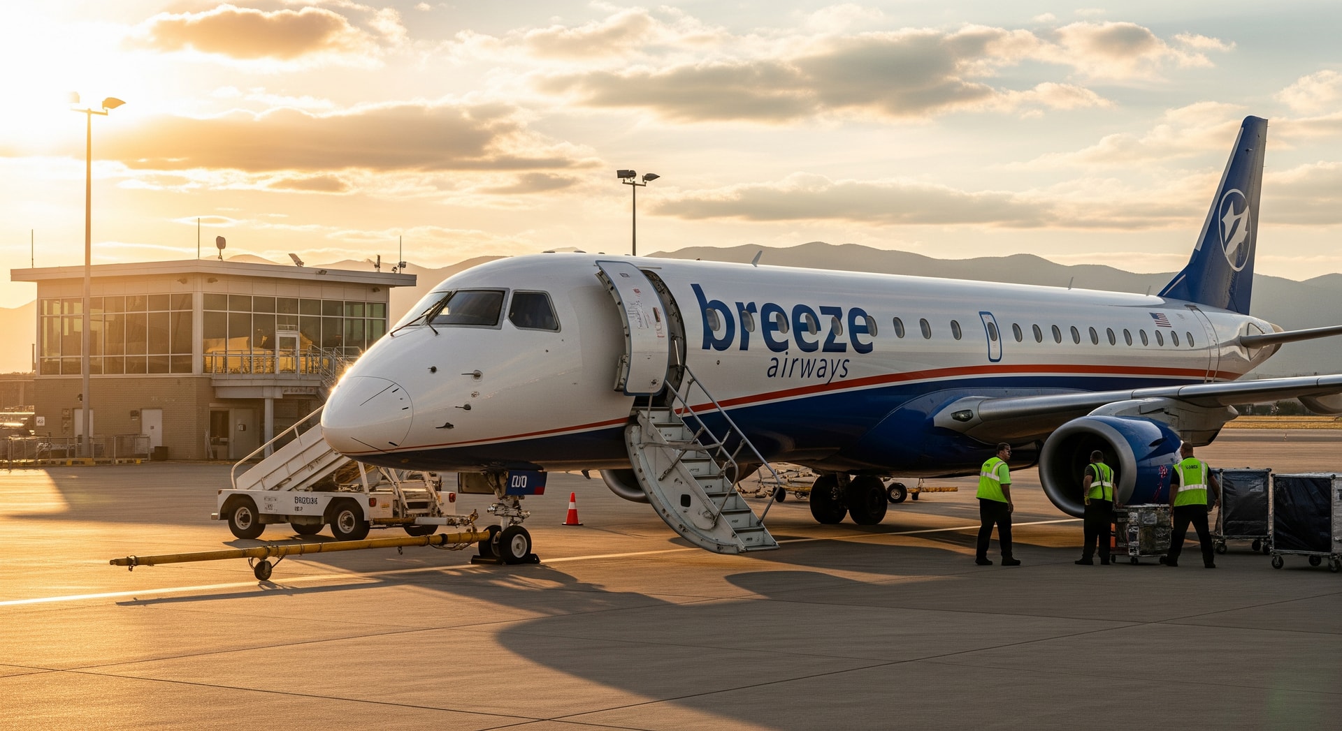 A Breeze Airways aircraft on the tarmac preparing for boarding at a regional U.S. airport