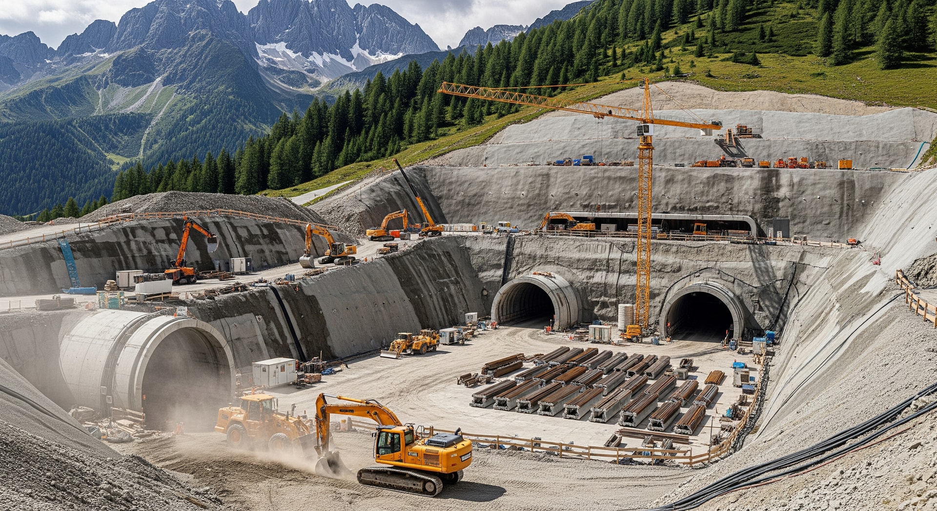 Construction works and tunnel entrance sites for the Brenner Base Tunnel in the Alps