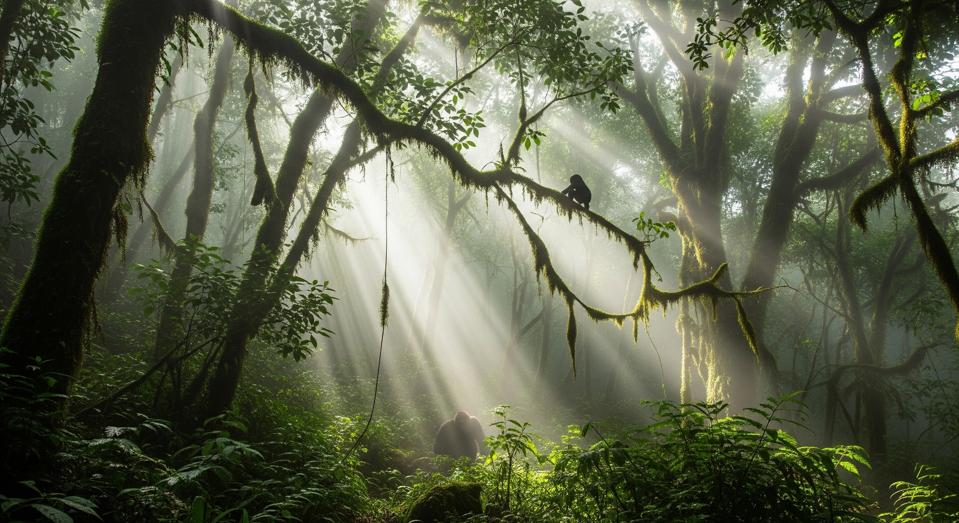 Dense misty forest canopy of Bwindi Impenetrable National Park, habitat for chimpanzees and mountain gorillas