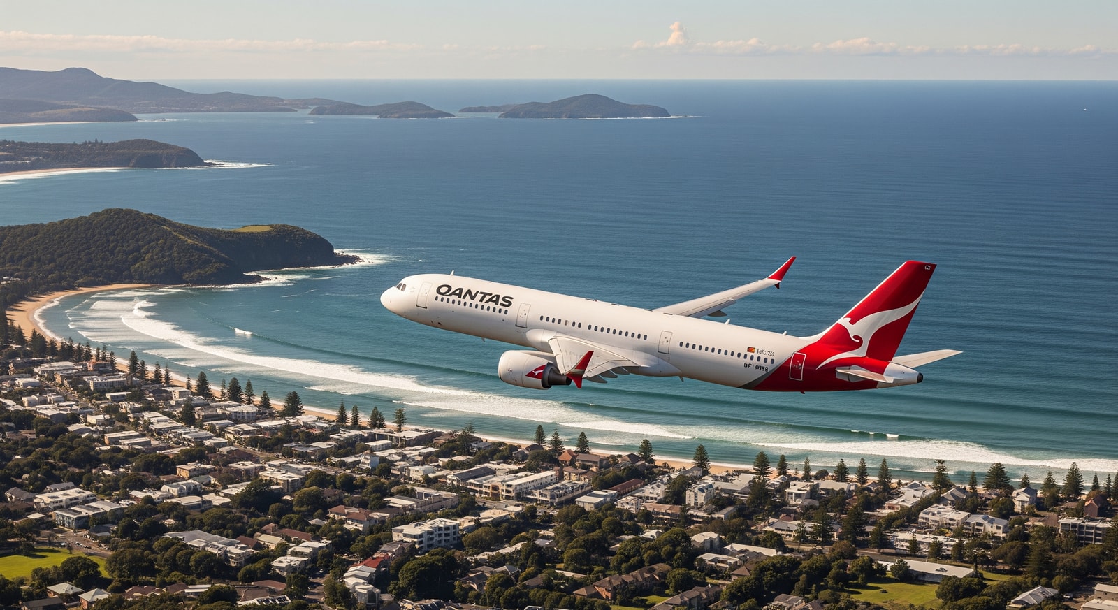 Qantas aircraft over an Australian coastal town near Byron Bay and island destinations