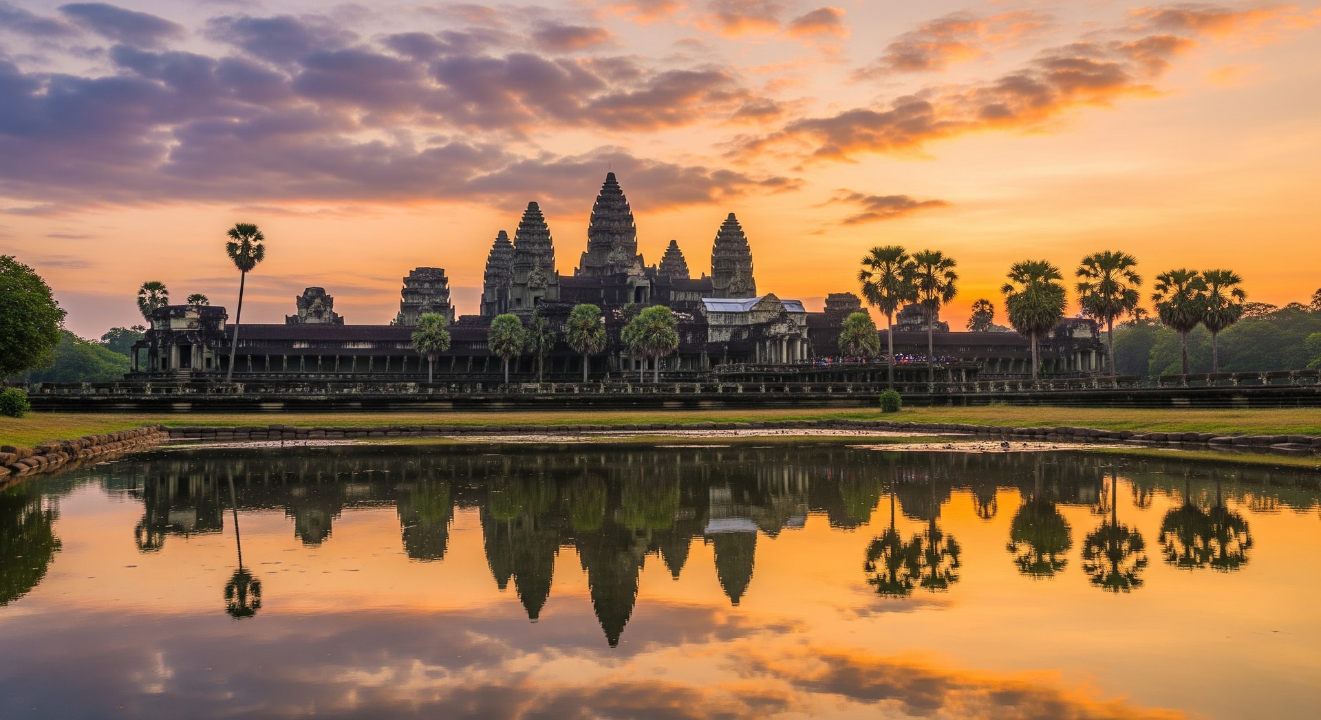 Tourists visiting Angkor Wat temple complex in Siem Reap, Cambodia