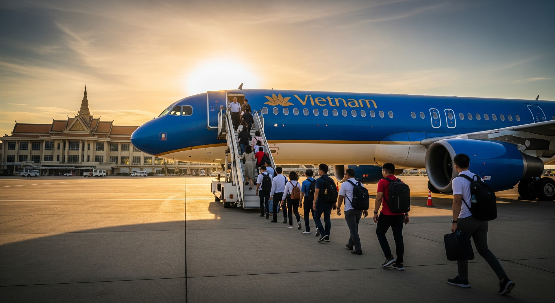Cambodian tourists boarding a flight to Vietnam, illustrating growing Cambodia-Vietnam travel links