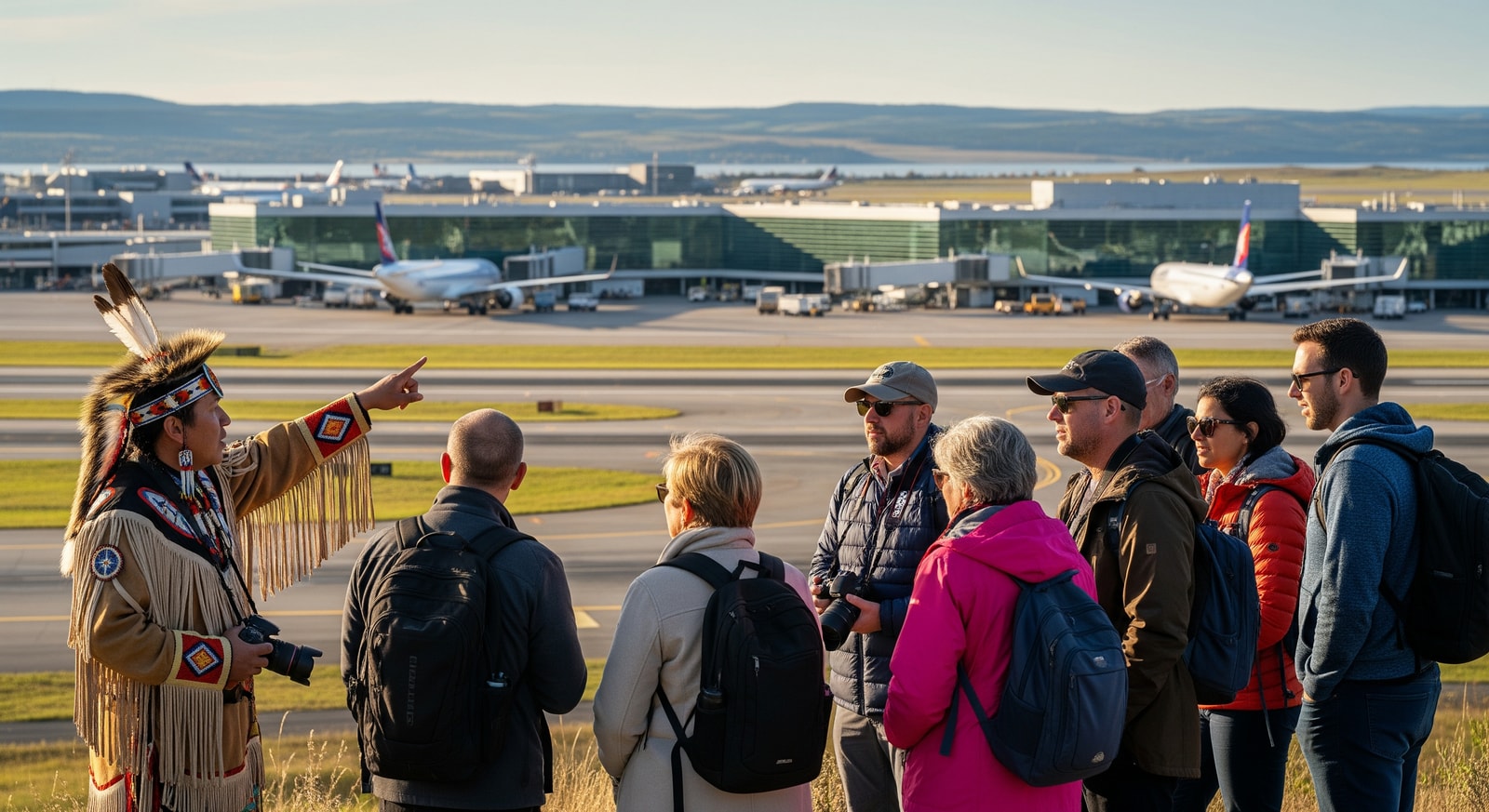 Travelers participating in an Indigenous cultural tour in Canada with airline hubs in the background