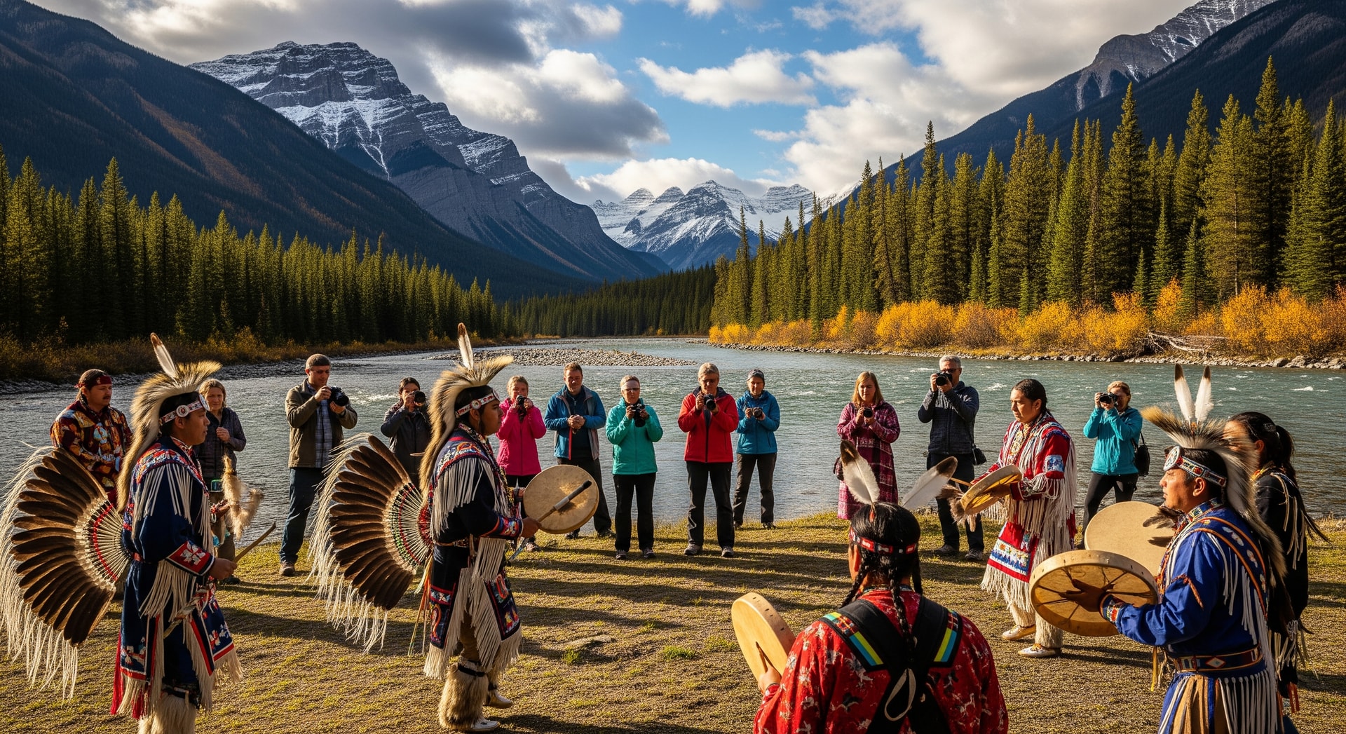 Travellers experiencing Indigenous cultural performance in a scenic Canadian landscape