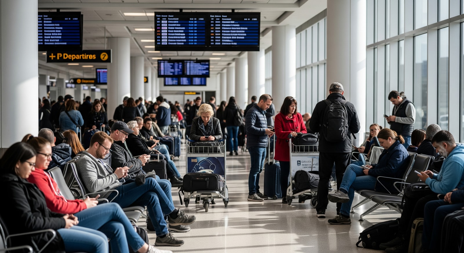 Passengers waiting near departure gates during Canada flight disruptions at a busy terminal