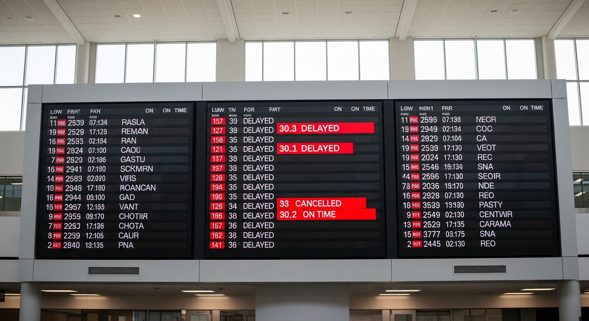Flight information display board showing delays and cancellations at a Canadian airport