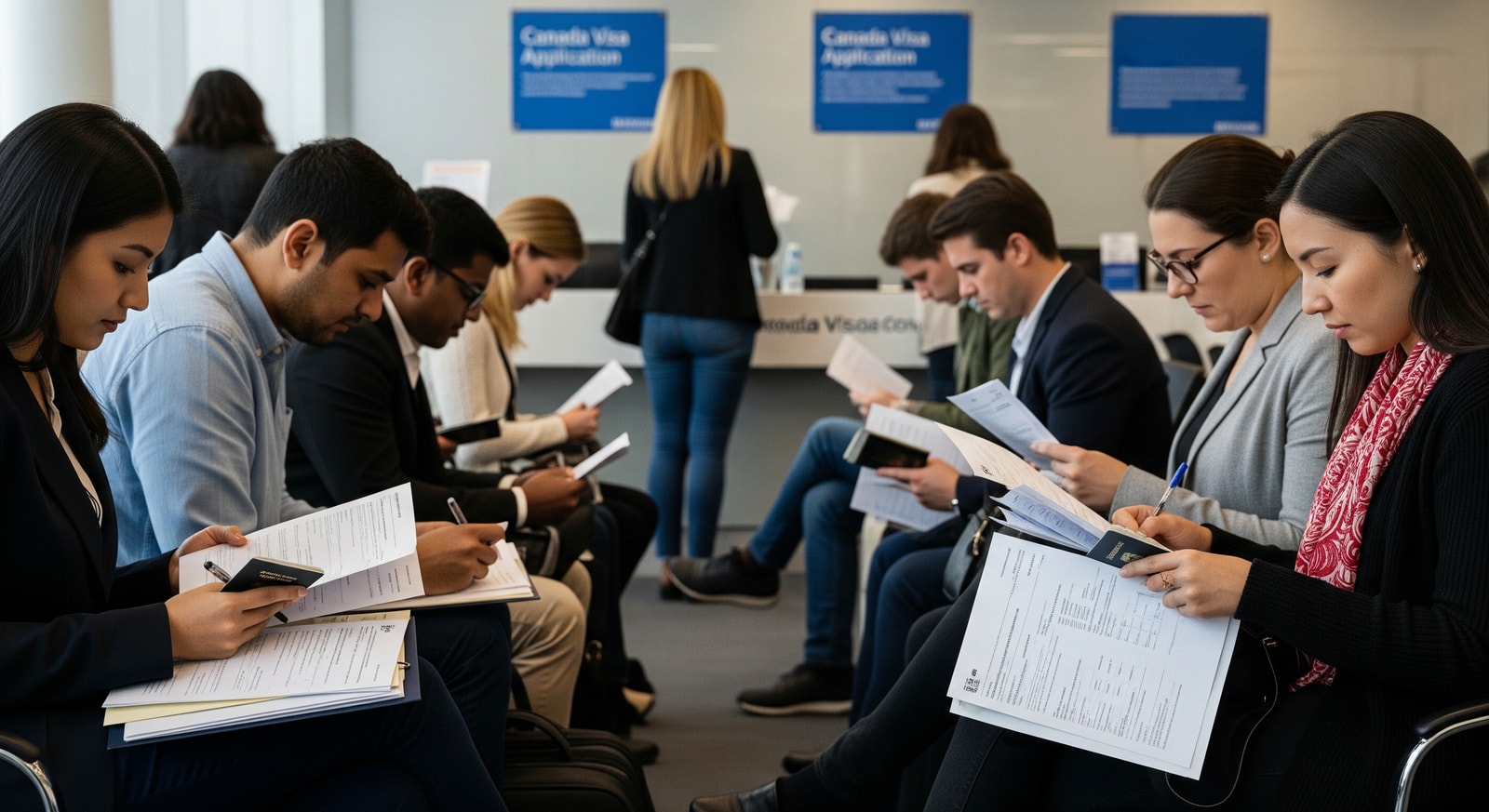 Travelers waiting at a visa application center with passports and documents for Canada visa processing