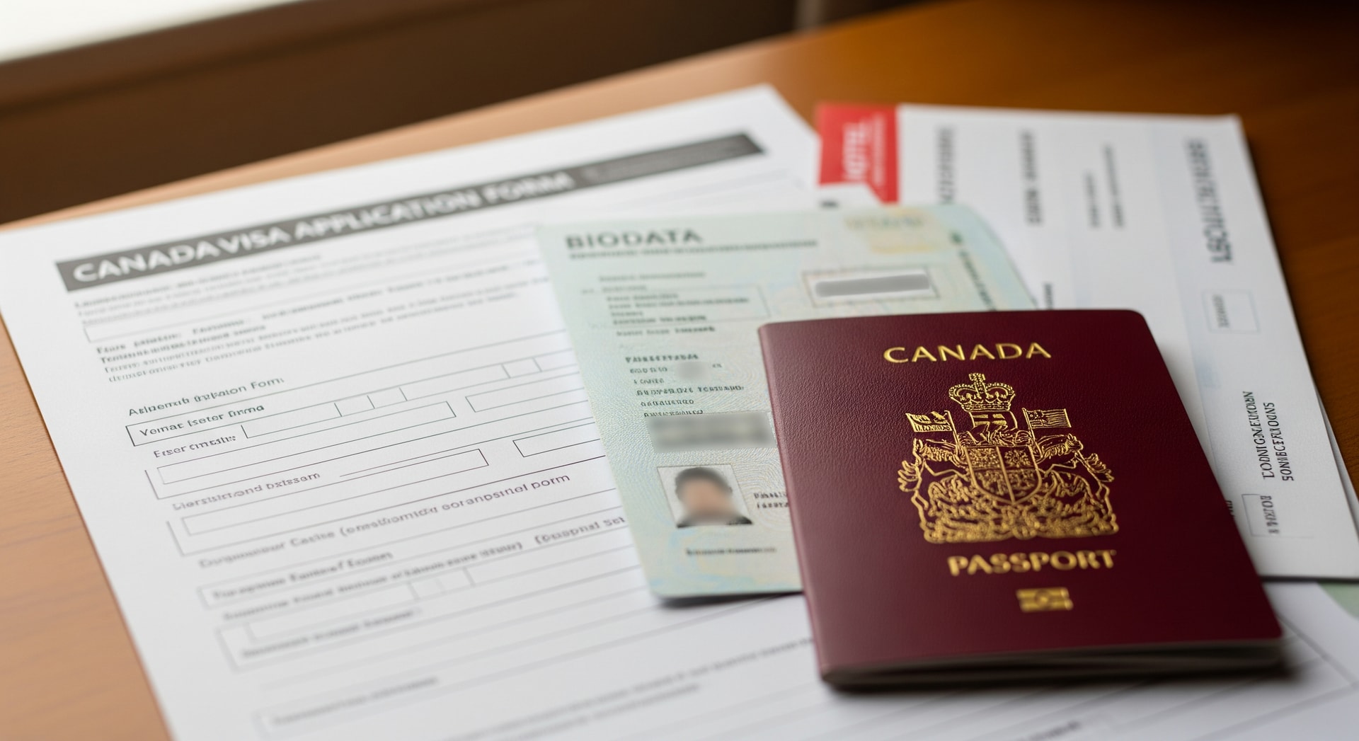 A Canadian visa application form beside a passport and travel documents