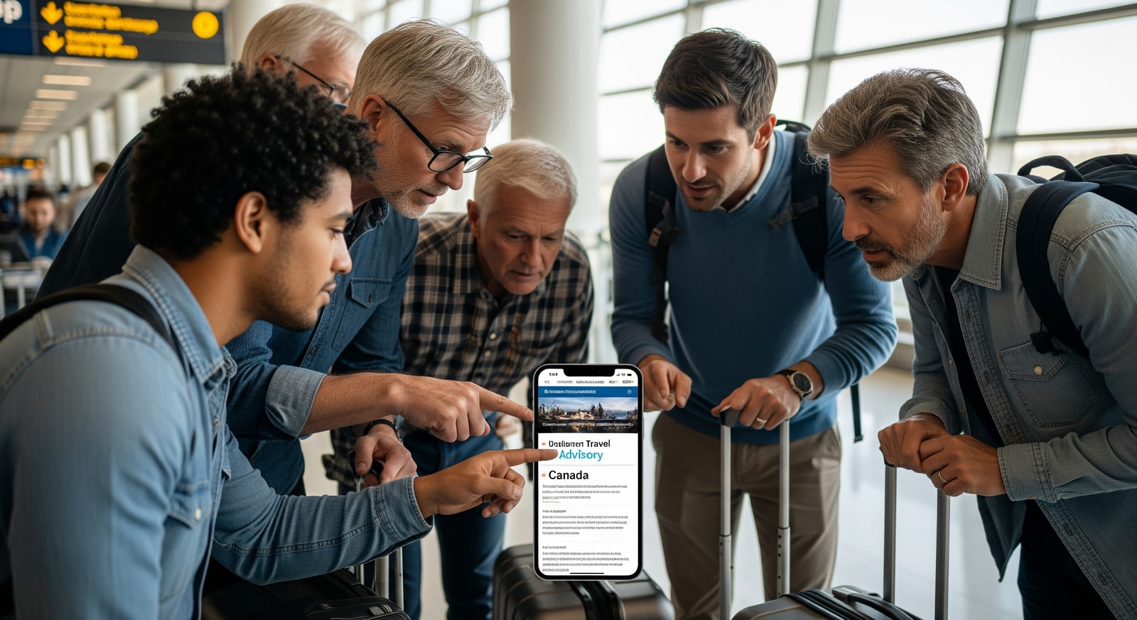 Travelers reviewing a government travel advisory on a phone at an airport, relevant to Canada travel advisory updates