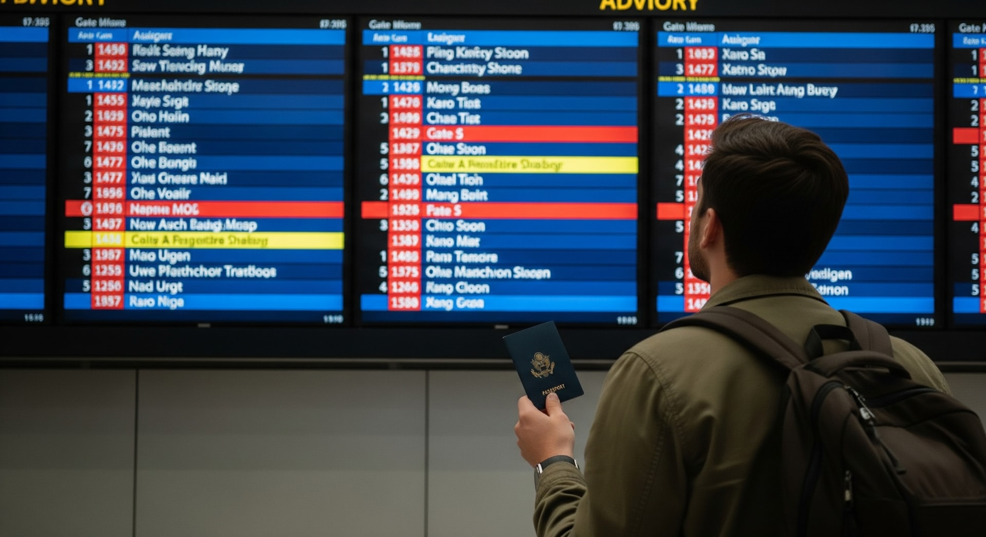 A traveler looking at a flight information board while holding a passport, illustrating travel advisory planning