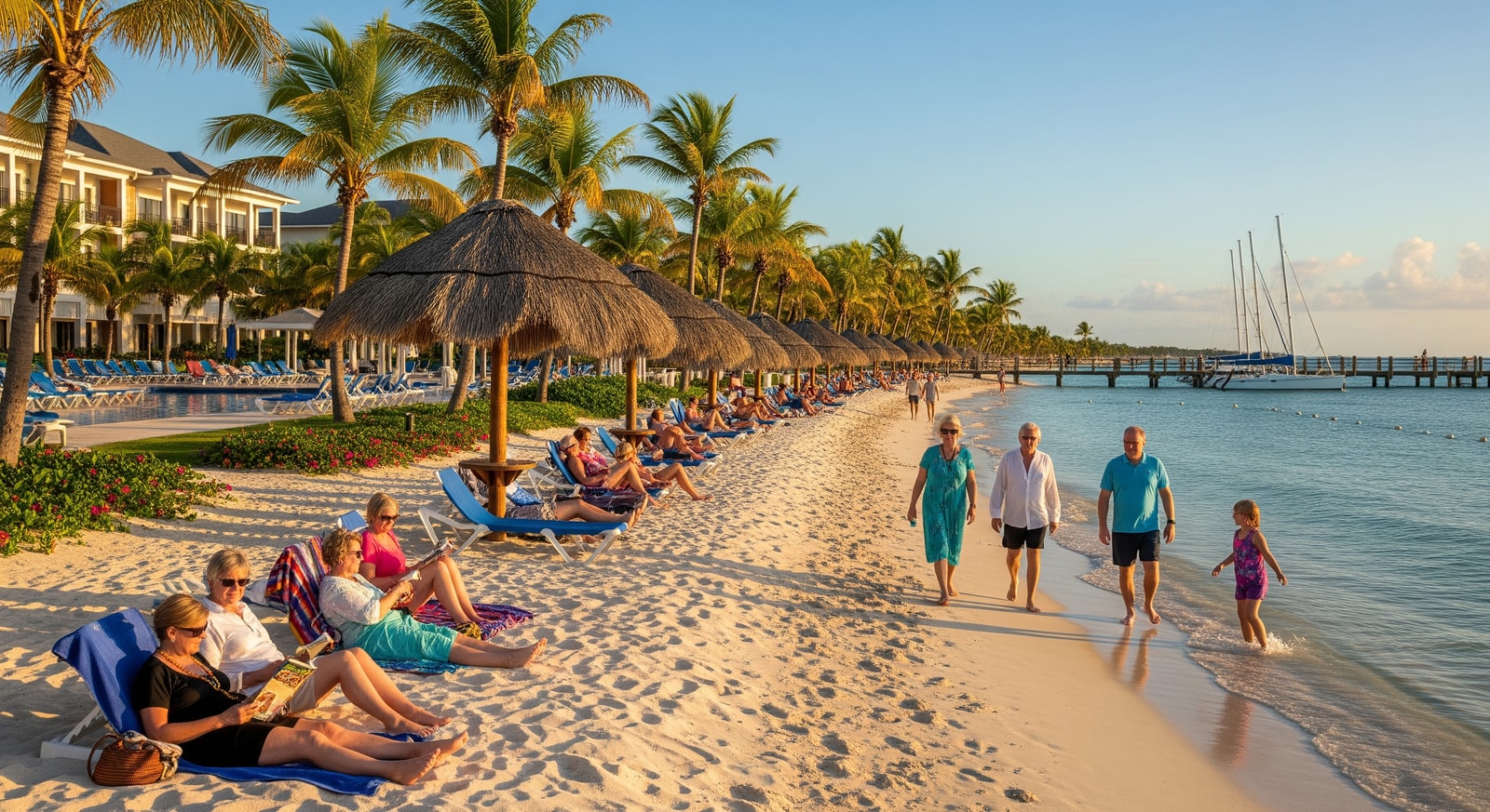Tourists on a Caribbean beach with resort infrastructure reflecting tourism trends and Caribbean tourism decline