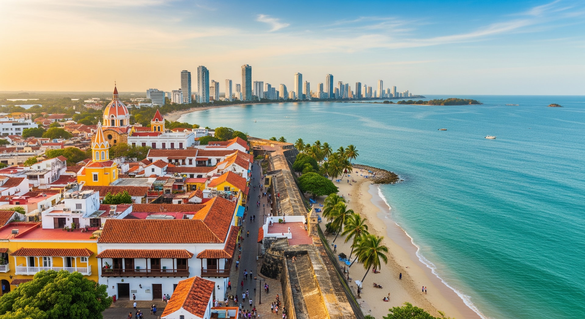 Panoramic view of Cartagena’s walled city and Caribbean coastline, highlighting South America travel hotspots