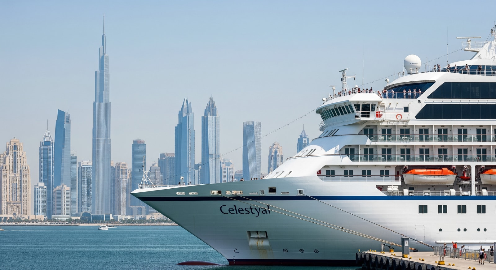 Celestyal ship docked near Dubai showing cruise passengers and the Arabian Gulf skyline