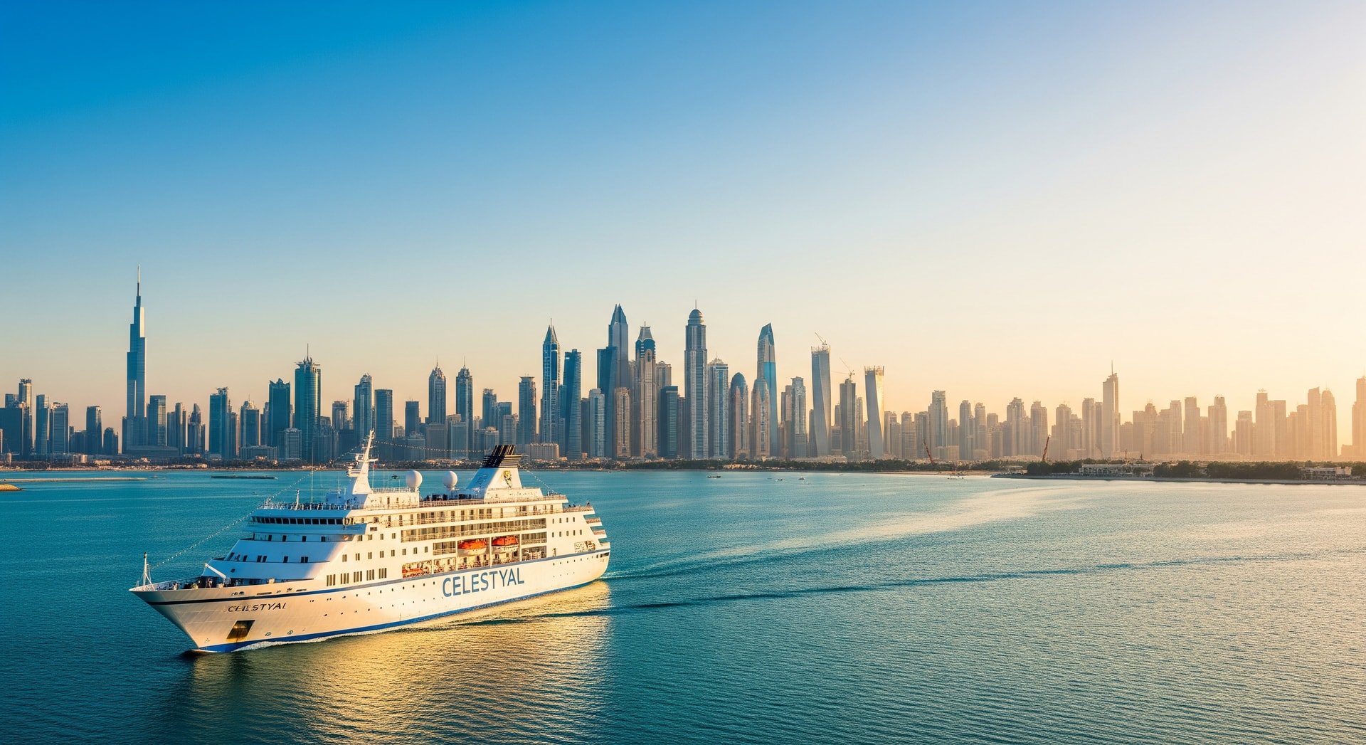 Celestyal cruise ship sailing in the Arabian Gulf with city skyline in the distance