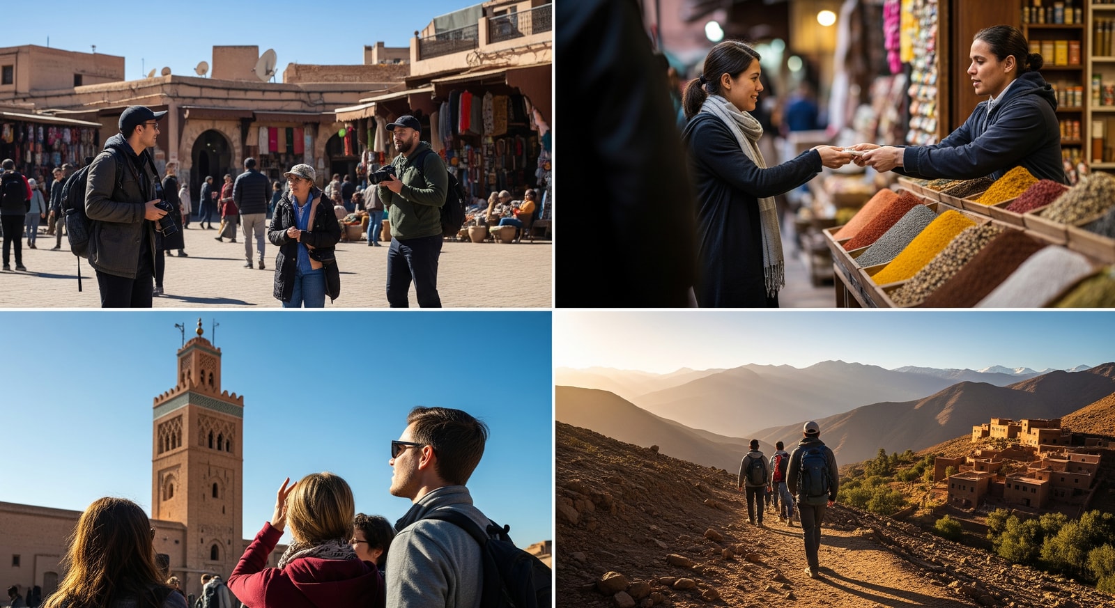 Visitors exploring a Moroccan medina and mountain landscape showcasing immersive travel experiences in Morocco