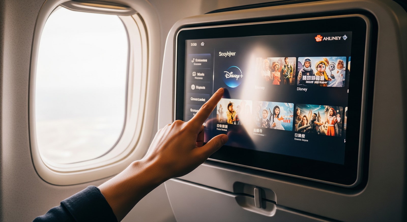 In-flight entertainment screen showing Disney+ content options on China Airlines flight