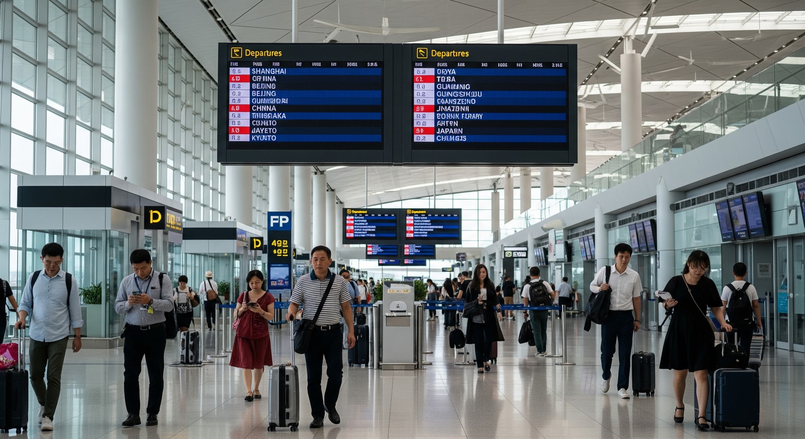 Airport terminal showing passengers and flight information, representing growing China-Japan air travel connections