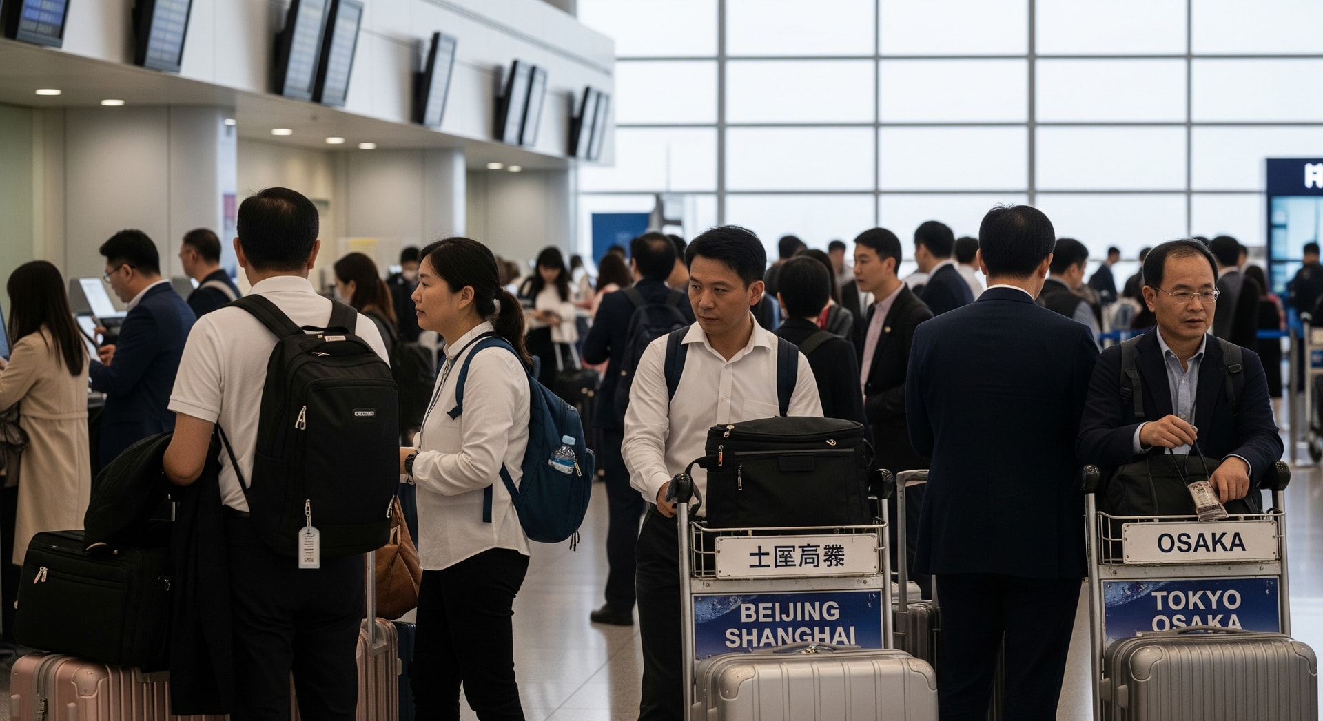 Passengers at an international airport representing growing China-Japan air travel links