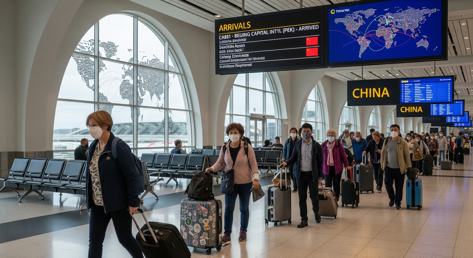 International arrivals hall with travelers and signage, representing China outbound travel growth