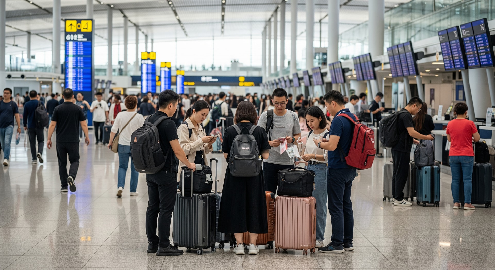 Passengers at an international airport illustrating China's outbound travel surge