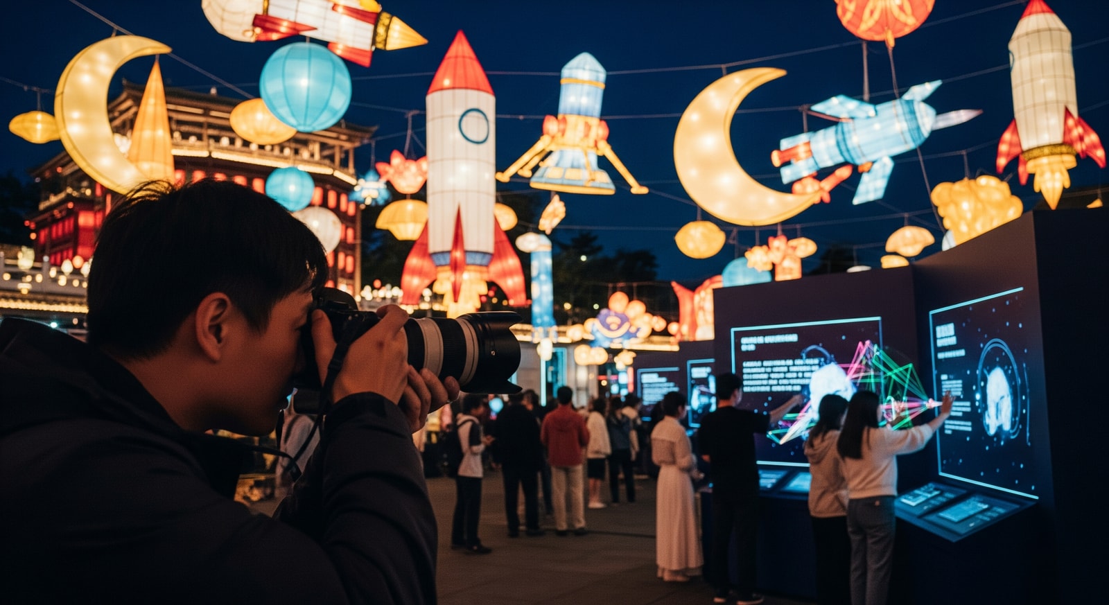 Lanterns and moonlit festival scene in an Asian destination highlighting lunar travel experiences