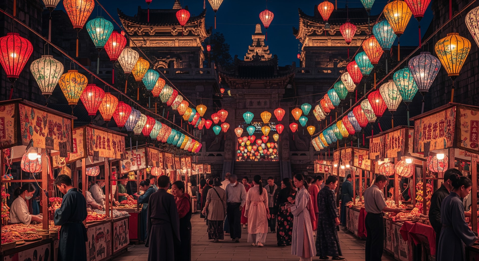 Nighttime lanterns and moonlit festival scene representing lunar-inspired travel in Asia