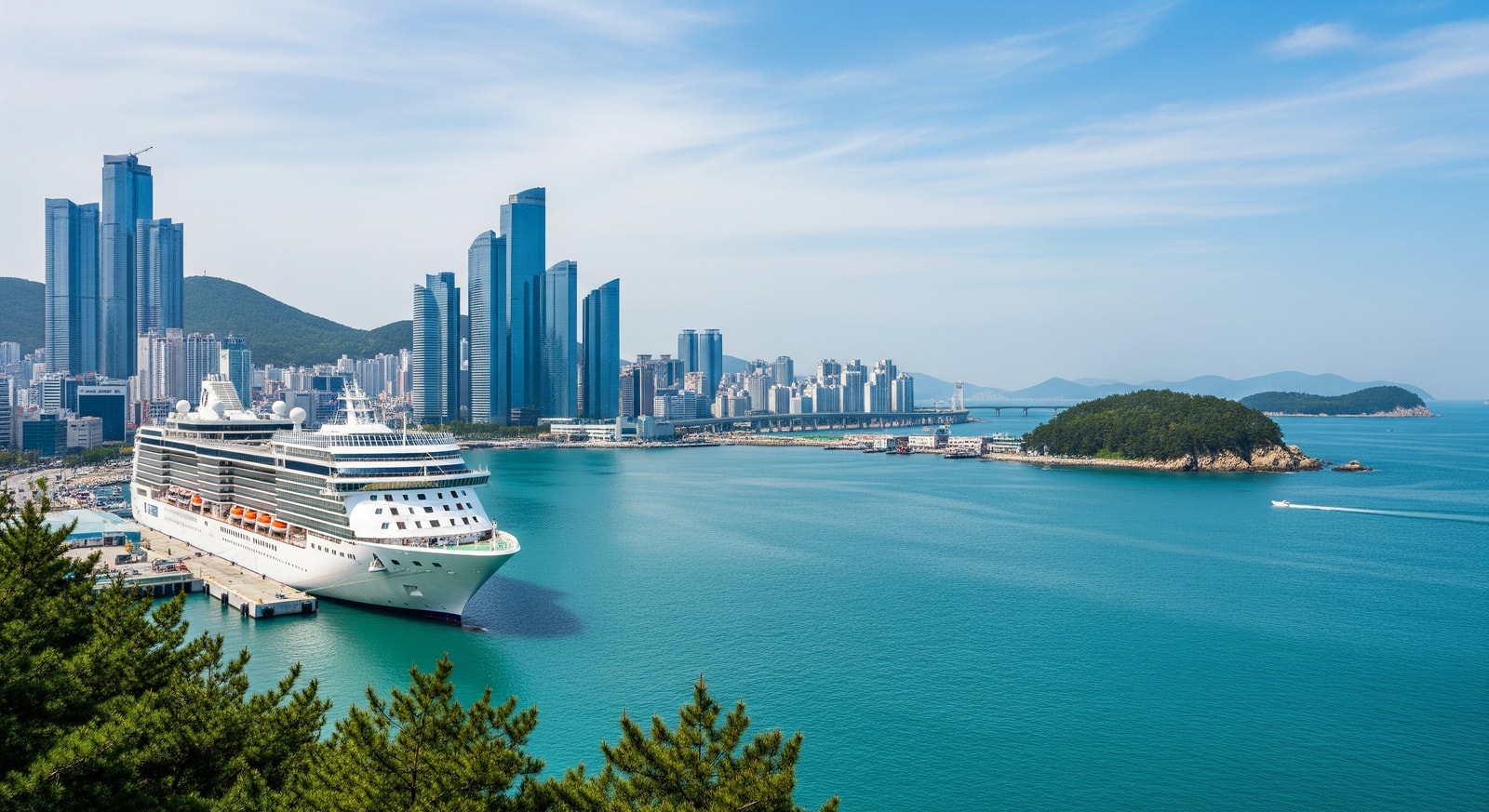 Cruise ship docking at Busan International Cruise Terminal with city skyline and coastal attractions in view