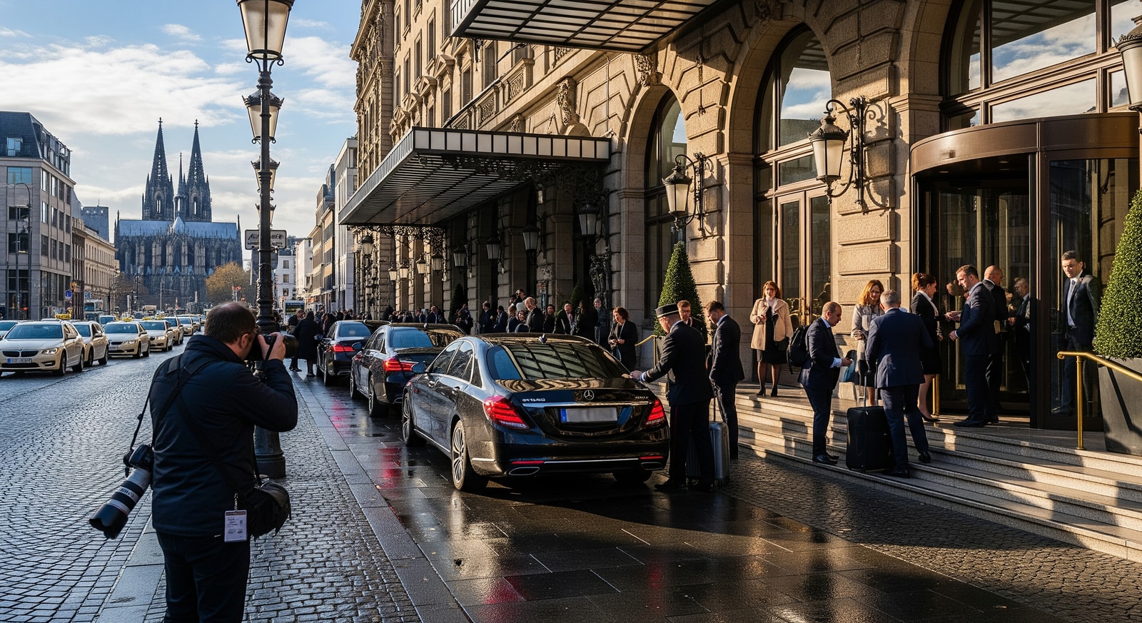 Hotel frontage in Cologne with guests arriving during a busy events weekend