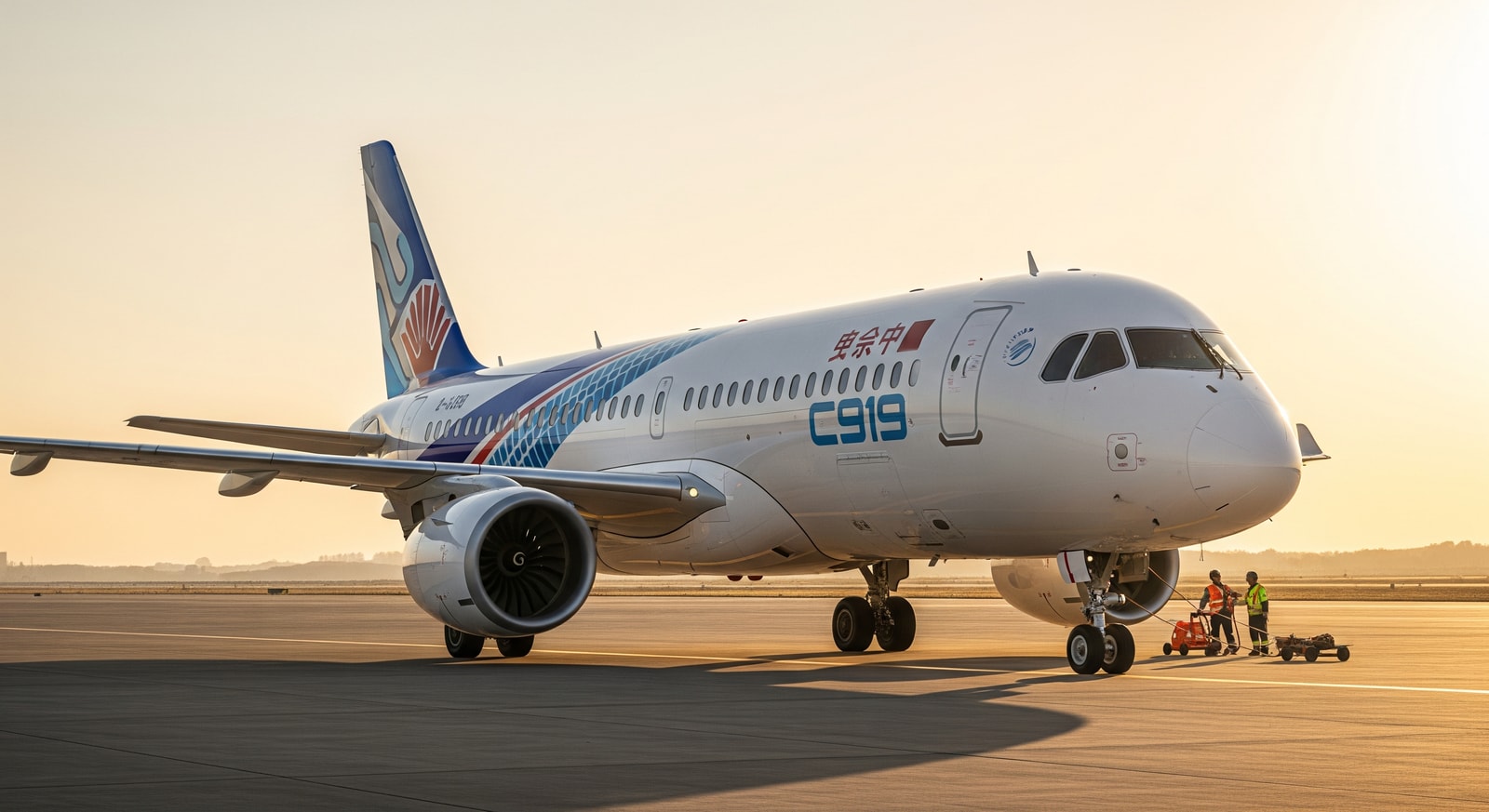 COMAC C919 on runway with airline livery, illustrating competitive narrow-body market entry