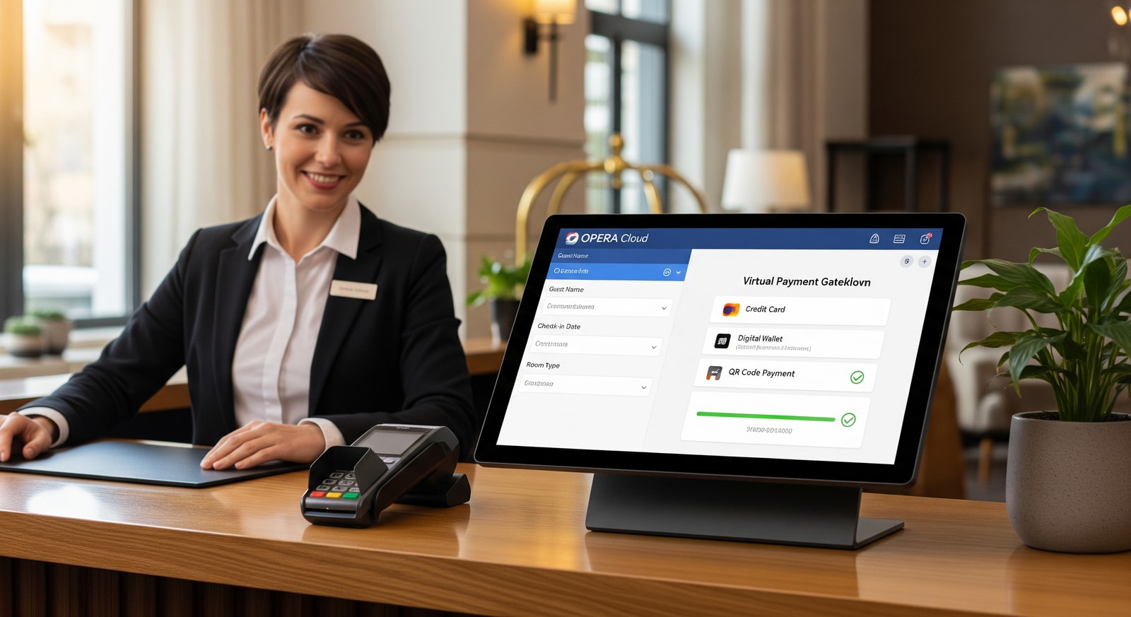Hotel reception desk displaying a digital system and virtual payment workflow through OPERA Cloud integration