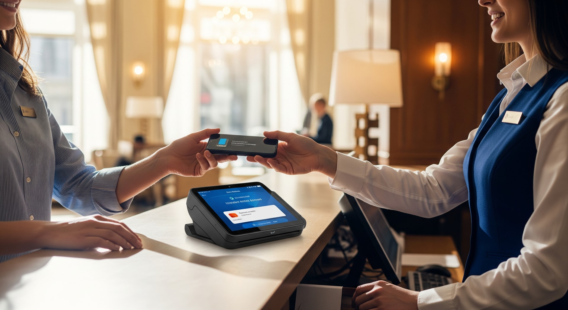 Hotel front desk with a guest checking in and a digital payment terminal representing virtual card payments