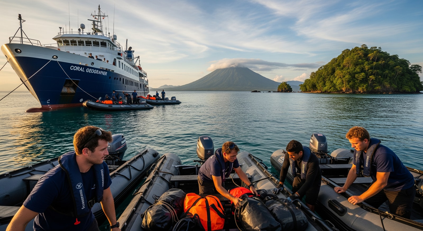 Coral Geographer anchored off a remote Indonesian island, expedition staff preparing Zodiacs for shore landings