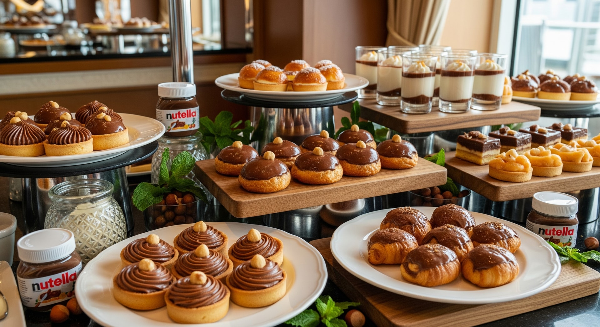 Dessert station on a cruise ship featuring Nutella-inspired pastries