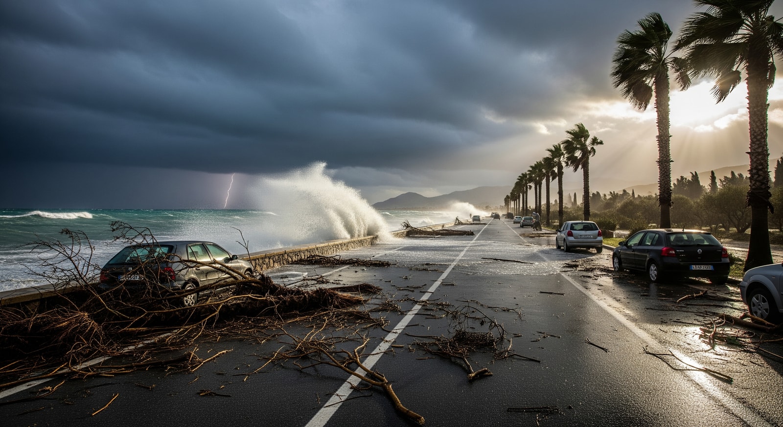 Severe weather over Corfu with debris on a road, illustrating Greece storms and local travel disruption