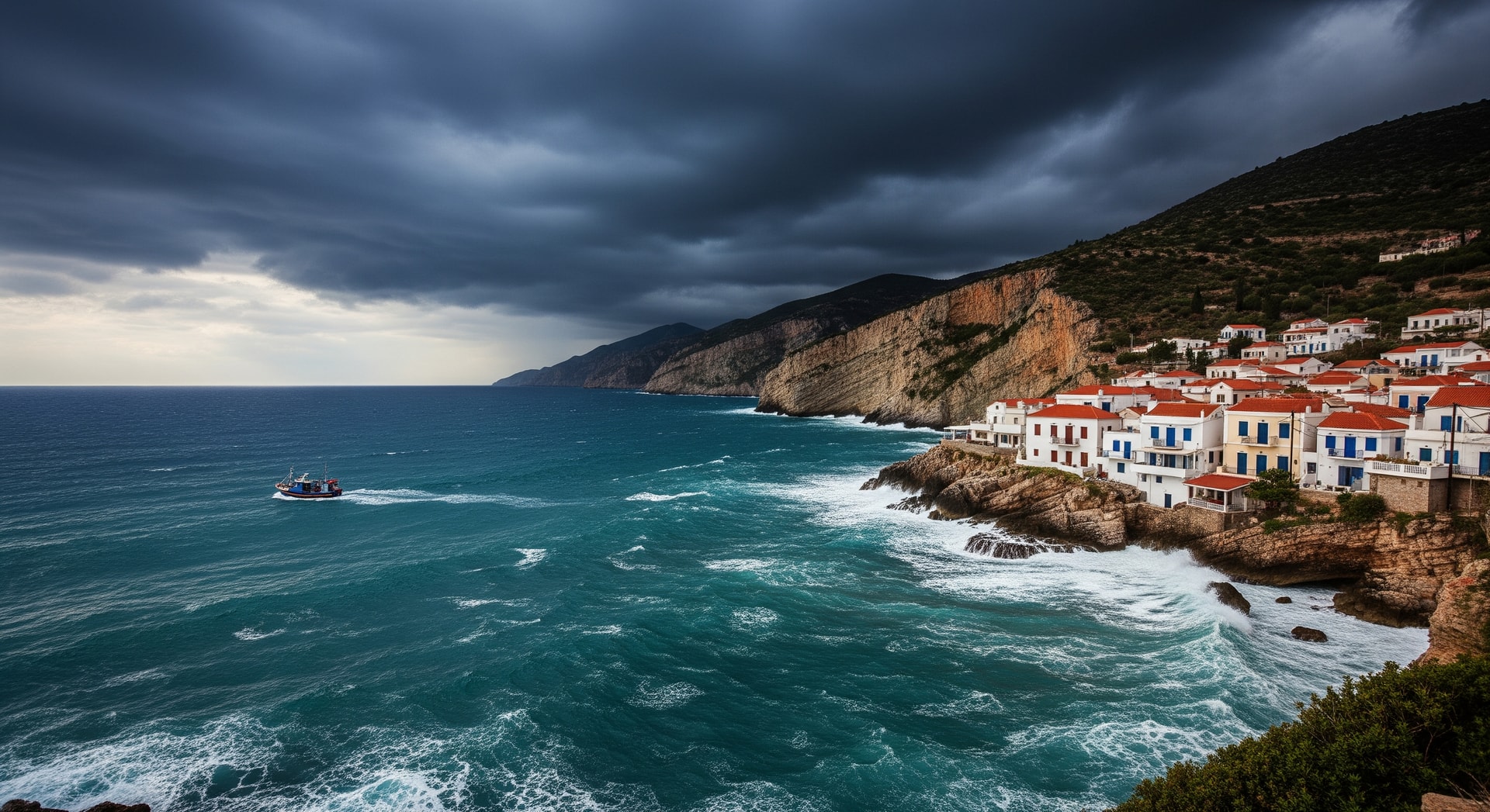 Storm clouds over a coastal village in Greece’s Ionian Islands
