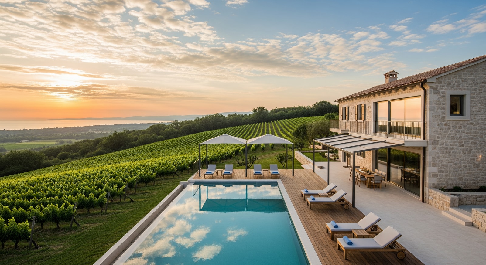 Villa Don Giordano exterior showing pool and terraces with Istrian vineyard views, representing luxury villa travel in Croatia