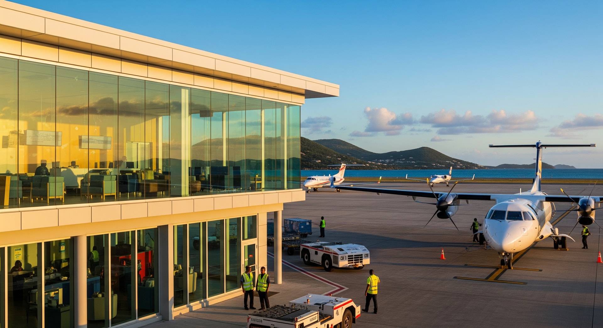 Regional airport terminal and aircraft illustrating Caribbean air connectivity improvement