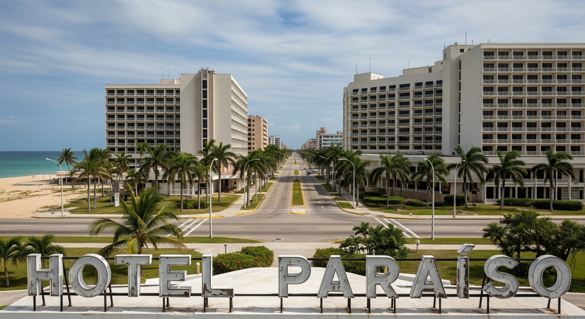 Cuban beach resort area with closed hotels and empty streets amid tourism disruption