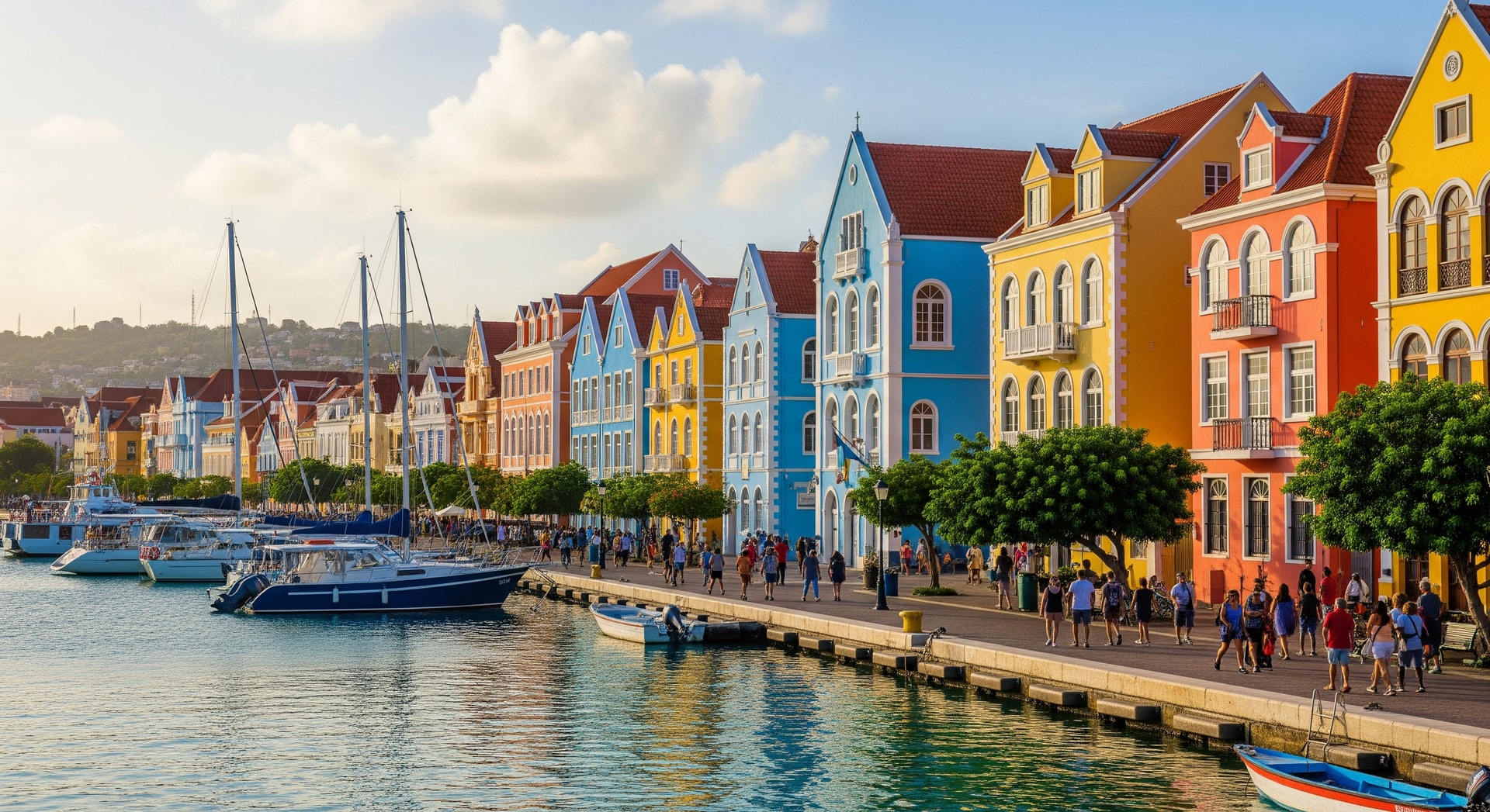 Willemstad waterfront in Curaçao with colorful colonial buildings and tourists on the promenade