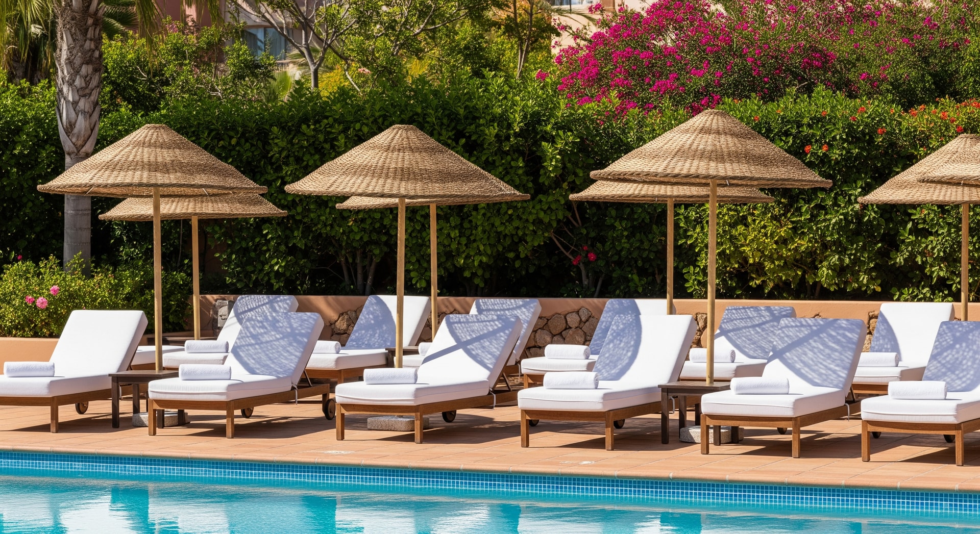 Hotel poolside lounge with sunbeds and umbrellas at a luxury resort offering day pass access