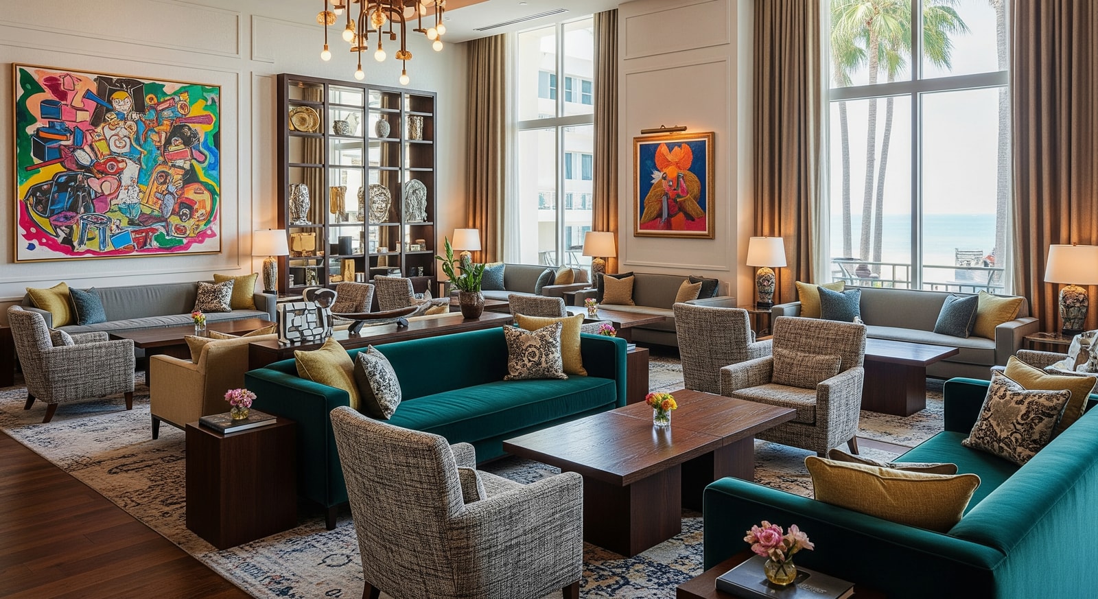 Interior social lounge of a private members club at Delano Miami Beach featuring art and lounge seating
